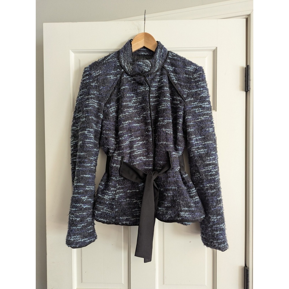 Sandro Sportswear Boucle Knit Peplum Fit Tab Collar Jacket Sz M Boiled Wool Belt